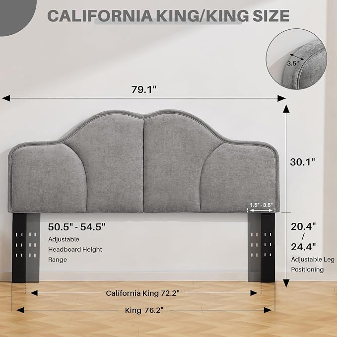 King Size Headboard Only Upgraded One-Piece Upholstered Headboards | Adjustable Height&Width, California King Bed Headboard, Modern Curved Chenille Fabric Padded Head Board, Light Gray