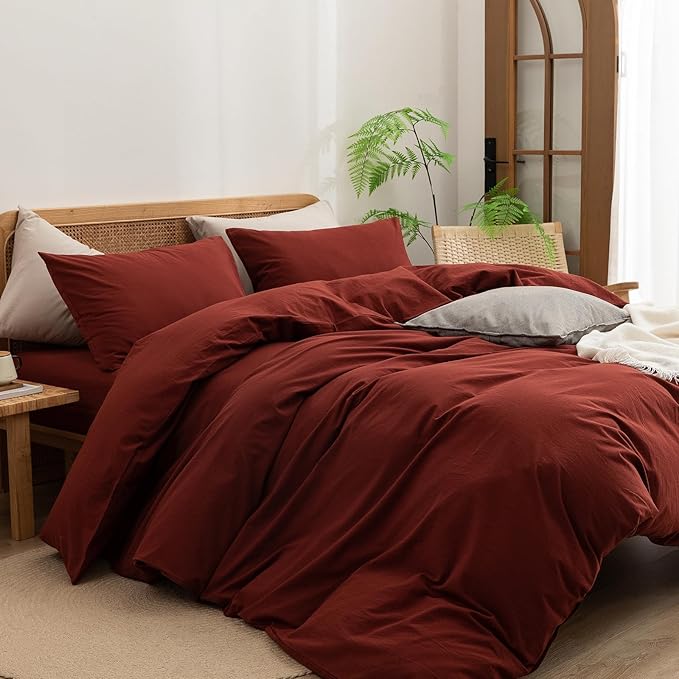 BESTOUCH Cotton Solid Duvet Cover Set Linen Feel Fired Brick Red Twin | 100% Washed Cotton, Soft Wrinkle Texture, Hidden Zipper, 8 Ties, Breathable Lightweight Durable Comfy, 2 Pcs No Insert