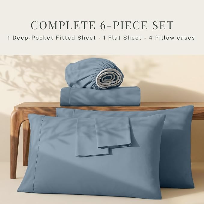 Hearth & Harbor Bed Sheets, Luxury Soft 6 Piece Bed Sheet Set Extra Deep Pocket Fitted Sheets Fits Mattress up to 21", Double Brushed Bedding Sheets & Pillowcases, Cal King, Soft Blue