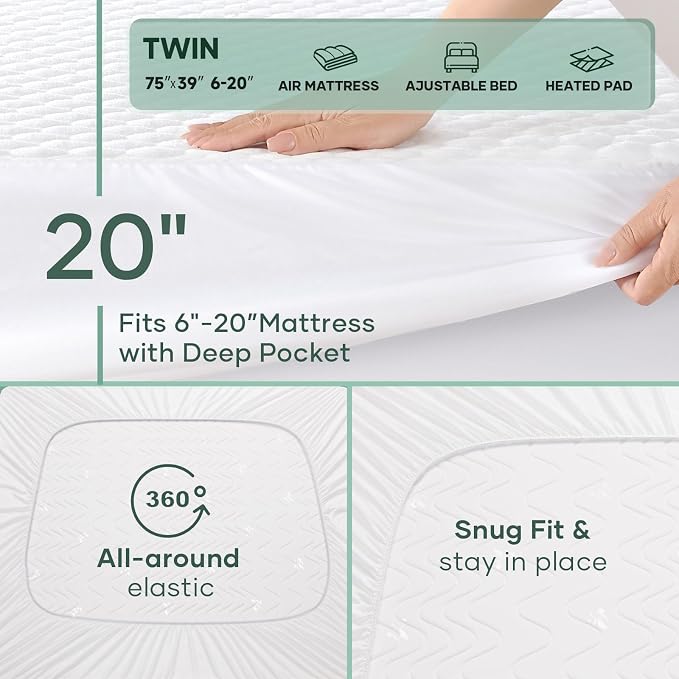 OhGeni 100% Waterproof Mattress Protector,Twin Size Premium Bamboo Soft Thick Pad,3D-Air Fabric Cooling Breathable Fitted Sheets,Washable Bed Cover for Kids Toddler Bedwetting Over 99 Count Hex Bumps