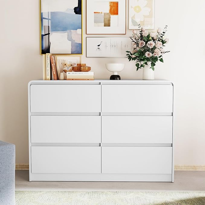 Vibe & Dine White 6 Drawer Dresser for Bedroom, Modern Wooden Dressers & Chests of Drawers with Arc Edge Design, 47" Wide Dresser for Closet, Living Room, Entryway