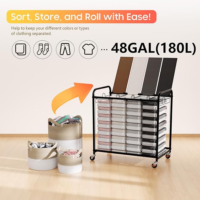 Laundry Sorter 4 Sections 48 Gal, Rolling Laundry Basket with Wheels ＆ Lid | Laundry Hamper, 4 Separated Removable Bags, Lockable Wheels, Dirty Clothes Hamper for Laundry Room Organizer, Multicolor