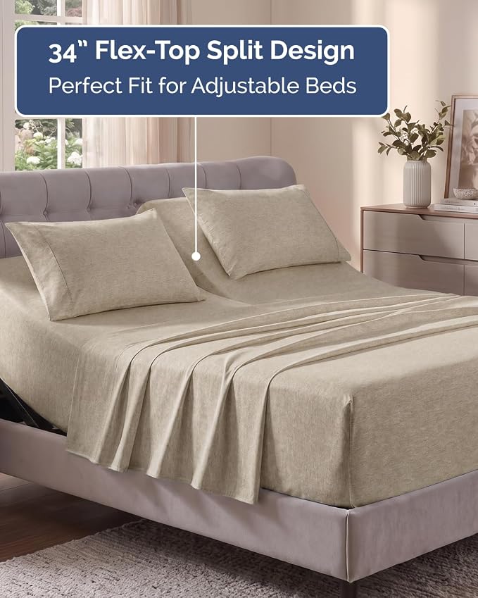 Flex Top Split Head King Sheet Set - 4 Piece Extra Deep - Heathered Beige | Easily Fits 18 to 24 inch Mattress, Ultra Soft, Wrinkle & Fade Free with Extra Deep Pockets, Comfy Hotel Luxury Bedding