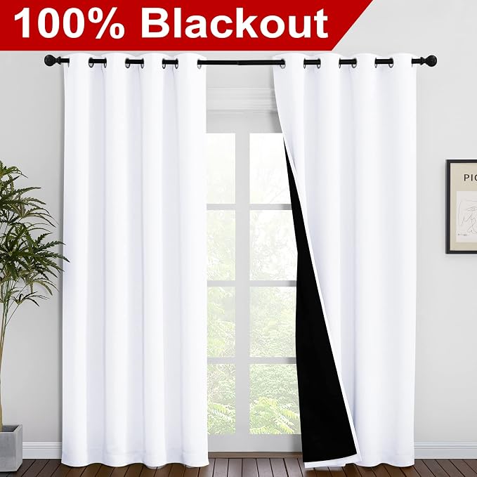 NICETOWN White Blackout Curtains for Nursery 55" Wide x 86" Long 2 Panels | 100% Room Darkening Cold Full Light Blocking Drapes with Black Liner, Thermal Insulated Draperies Bedroom Kitchen Home Decor