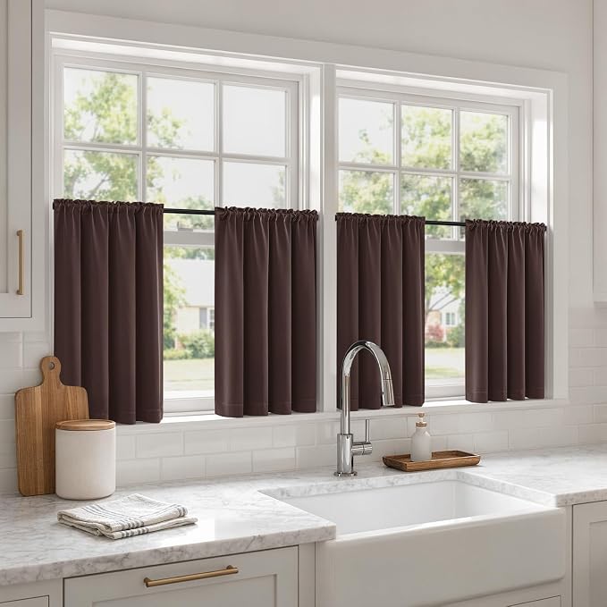 MIULEE 4-Panel 36 Inch Blackout Kitchen Tier Curtains Over Sink Dark Brown | Privacy Protection, Heat/Light Blocking, Cafe Curtains, Top&Bottom Rod Pocket, Suitable for Small Windows, Soft&Durable