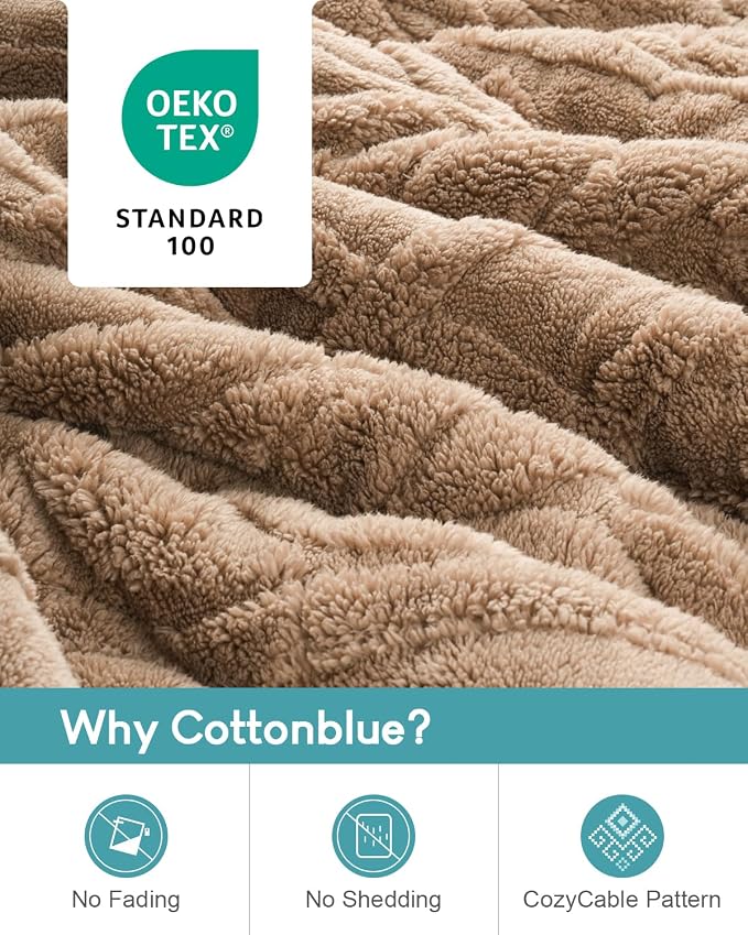 Cottonblue Jacquard Sherpa Weighted Blanket 10lbs for Adults Twin/Full Size | Ultra Soft Cozy Fleece Blanket Weighted Blankets 48x72 in for Calm Sleep Relax, Fuzzy Bed Sofa Heavy Blanket Throw, Khaki