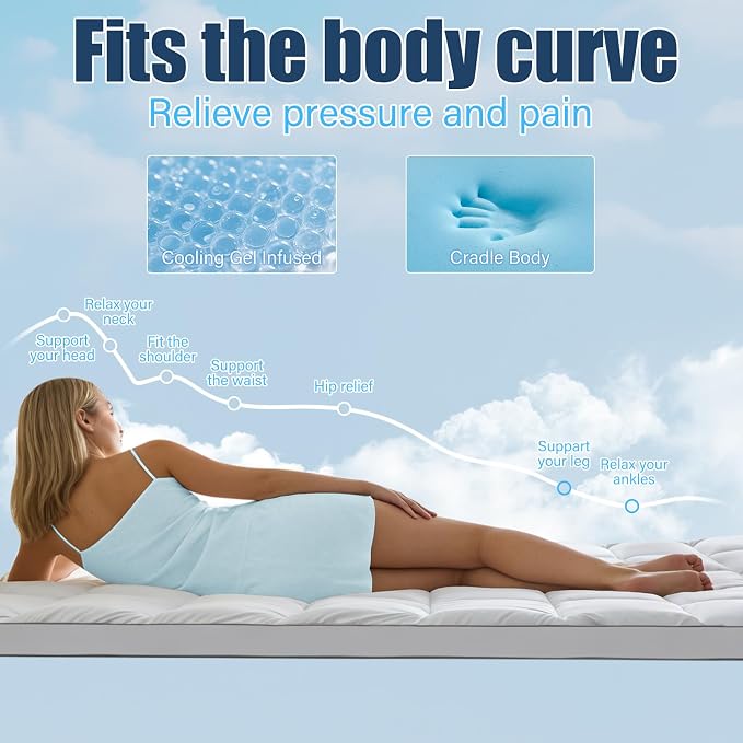 4 Inch Dual Layer Mattress Topper Twin Size, 2 Inch Cooling Gel Memory Foam and 2 Iinch Down Alternative Pillow Top Pad for Back Pain, with 8-21 Inch Deep Pocket