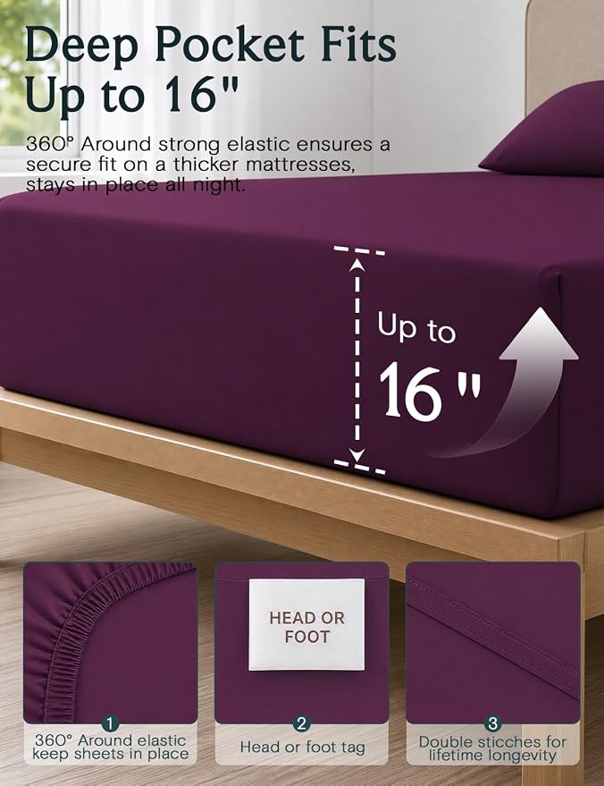 LuxClub California King Sheets Sets, Deep Pocket Cal King Sheet Bed Sheets 4PC, Cooling Sheet Cal King Size, Soft Breathable Hotel Bedding, Silky Fitted Sheet & Pillowcase Sets, Eggplant | LuxClub Silky Fitted Sheet & Pillowcase Sets, Breathable Hotel ...