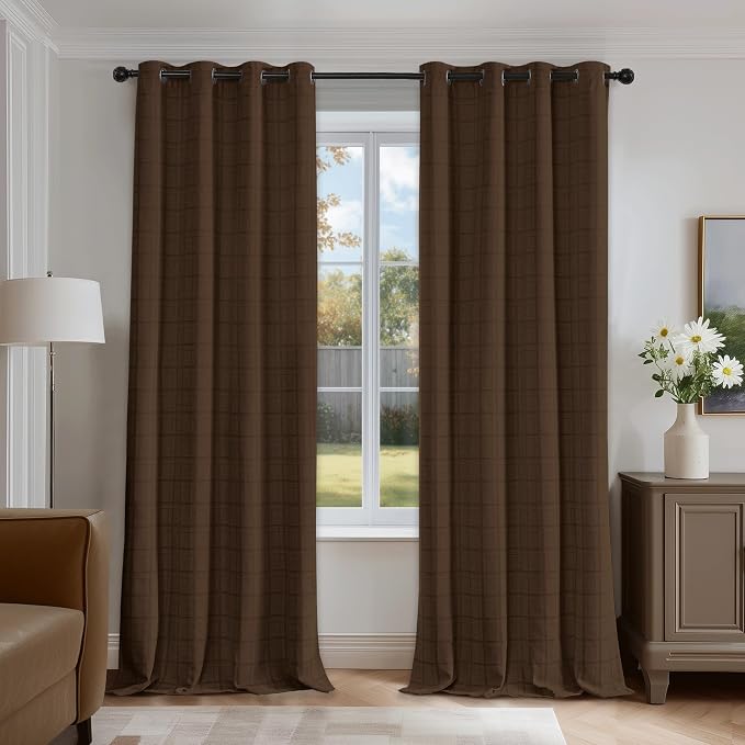 Beauoop Brown Plaid Jacquard Blackout Curtains for Bedroom 52x84 2 Panels | Gingham Checkered Room Darkening Drapes for Living Room 84 Inch Long Thermal Insulated Soundproof Window treatment Grommet