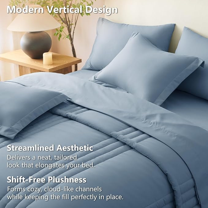King Size Comforter Set Grayish Blue- 7 Pieces Bed in a Bag | OEKO-TEX Certified, 240GSM Down-Alternative Comforter, 14" Deep-Pocket Sheets, Shams & Pillowcases, Lightweight
