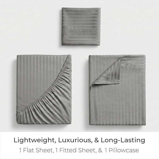 Mellanni Iconic 3-Piece, Ultra Soft Sheet Set (Twin, Striped Gray/Silver) | 10M+ Sleepers. Lab-tested: Sleeps Cool, Stays Bright, Strong, Smooth. Good Housekeeping Best Bedding, 7 yrs running.