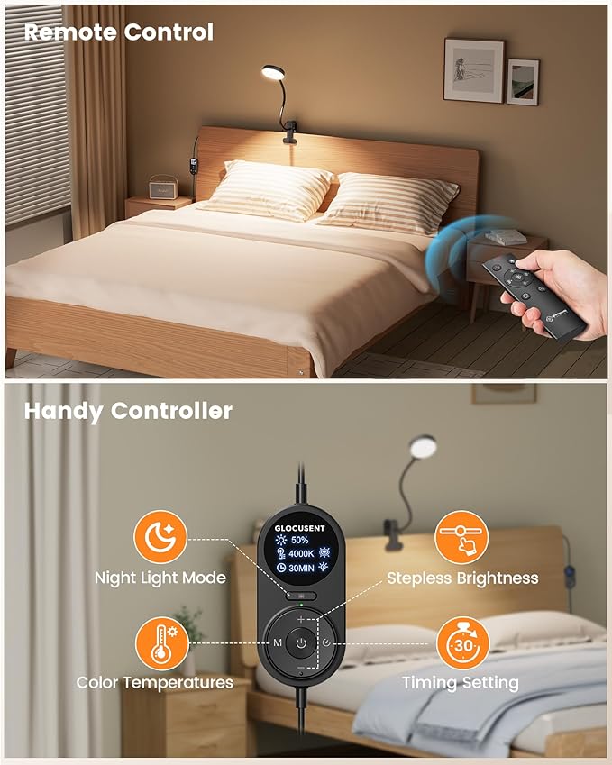 Glocusent 72 LED Clip on Reading Light with Remote, Amber Book Light | 3 Colors & 5 Brightness, 2.75" Clamp & 30Min Timer, USB Powered, Clamp Light for Headboard/Dorm/Bunk/Work/Craft