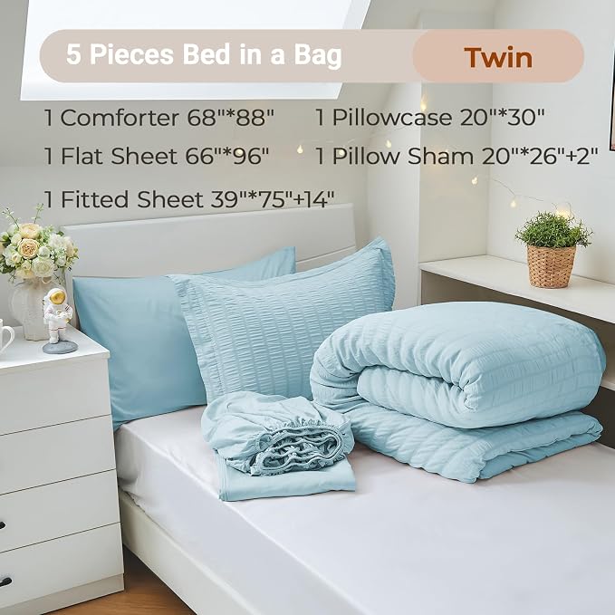 5 Pieces Twin Comforter Set, Seersucker Bed in a Bag Twin Size, All Season Luxury Bedding Set with Comforter, Flat Sheet, Fitted Sheet, Pillowcase & Sham, Lake Blue