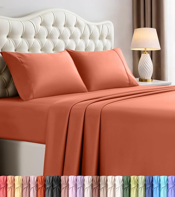 Full Sheets Set, 4 Pieces 16" Deep Pocket Hotel Luxury Bed Sheets, Orange | Extra Soft Bedsheet Set, Comfy & Breathable Cooling Sheets, Wrinkle & Fade Resistant, Fitted Sheet, Flat Sheet, 2 Pillowcases