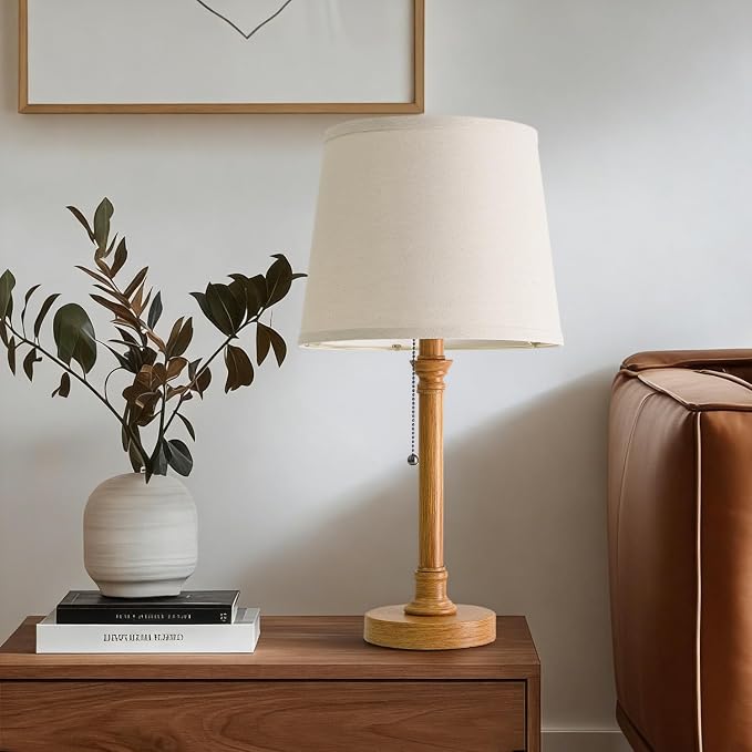 19.5" Wood Grain Rustic Table Lamps Set of 2 for Living Room Bedroom | Pull Chain Switch Bedside Table Lamps, White Linen Shade, Small Desk Lamp for Living Room, Bedroom, Home Office, Nursery