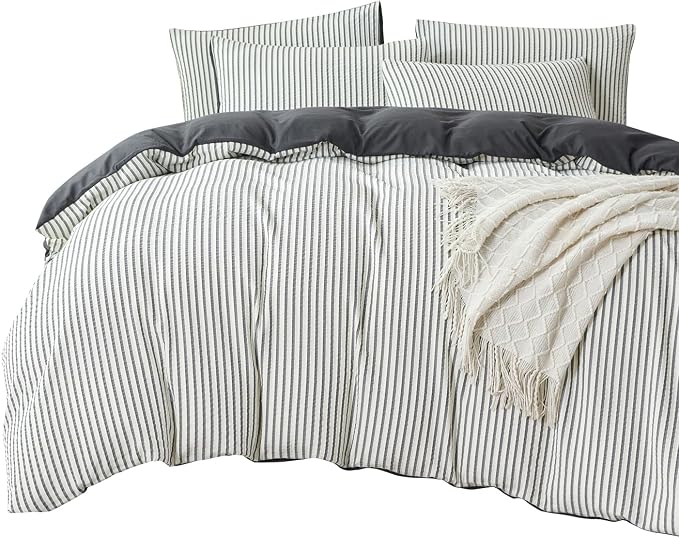 Dark Grey Comforter Set King Soft Luxury Washed Microfiber Jacquard 3 Pieces Bedding, White Grey Vertical Ticking Stripes Pattern Comforter with 2 Pillowcases Breathable Durable Comfy