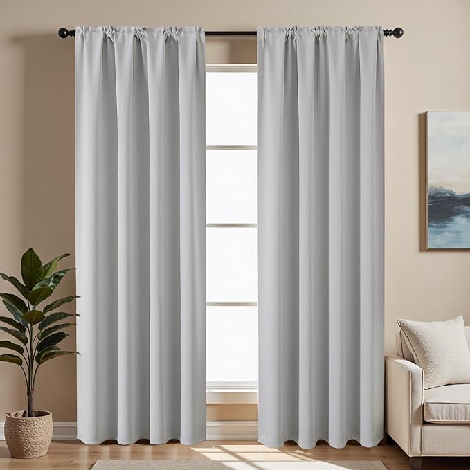 CUCRAF Grayish White Blackout Curtains 63 inch Length 2 Panels Set, Rod Pocket Room Darkening Drapes for Bedroom Living Room, Insulated Thermal Light Blocking Window Curtain (W52 x L63 Inch)