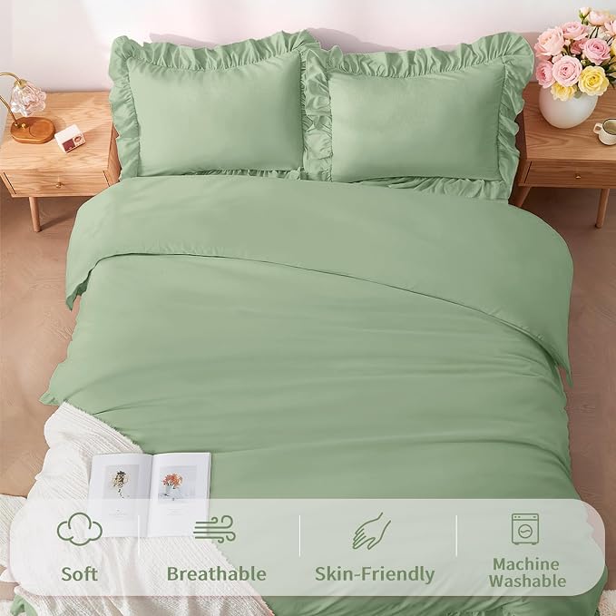 FUANNA Sage Green Duvet Cover Queen Size 3 Pieces, Farmhouse Bedding | Ultra Soft 4-Inch Ruffle Duvet Cover Set with Corner Ties & 2 Pillow Shams, Vintage Bed Set for Women & Girls, No Comforter