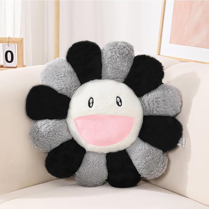 FIONOUT Grey Flower Pillow, Smile Face Throw Pillow, 23.6 Inch | Soft Grey Plush Flower Pillow Brings Modern Style and Comfort To Bedrooms, Sofas, Apartments and Office Lounges