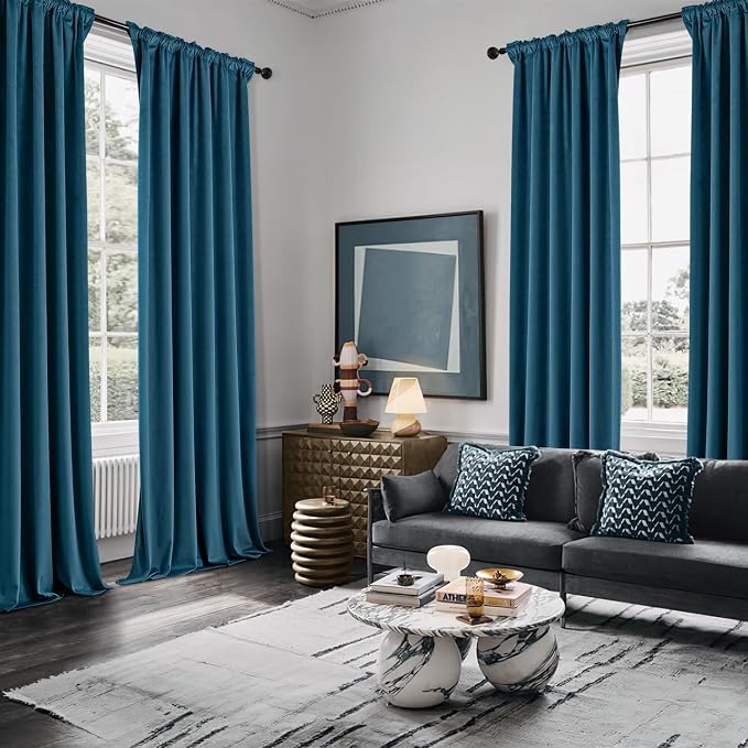 MIULEE Velvet Curtains 50W x 108L 2 Panels Peacock Blue Blackout Curtains | Luxury velvet fabric, pinch pleat design, back tab hooks, thermal insulated, blackout light blocking, for living room bedroom