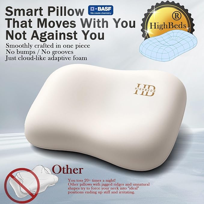 HighBeds Cervical Neck Pillow - Side Sleeper Pillow for Neck Pain Relief, Soft Ergonomic Memory Foam Pillows Ice Silk Zipperless Pillowcase, Eco-Friendly and Durable Material (White)