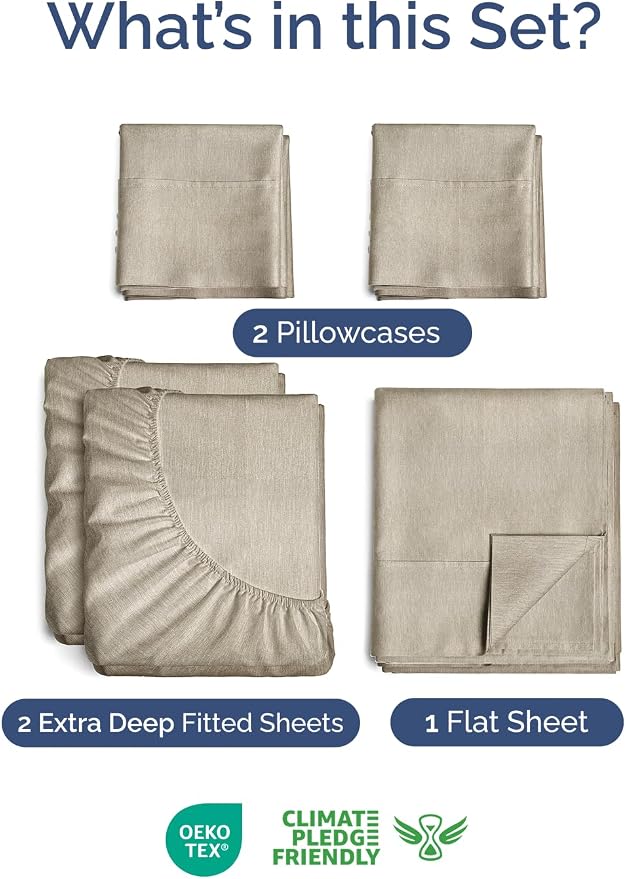 Extra Deep Split King Sheet Set - 5 Piece Cooling Sheets - Heathered Beige | Easily Fits 18 to 24 inch Mattress - Ultra Soft, Wrinkle & Fade Free with Extra Deep Pockets - Comfy Hotel Luxury Bedding