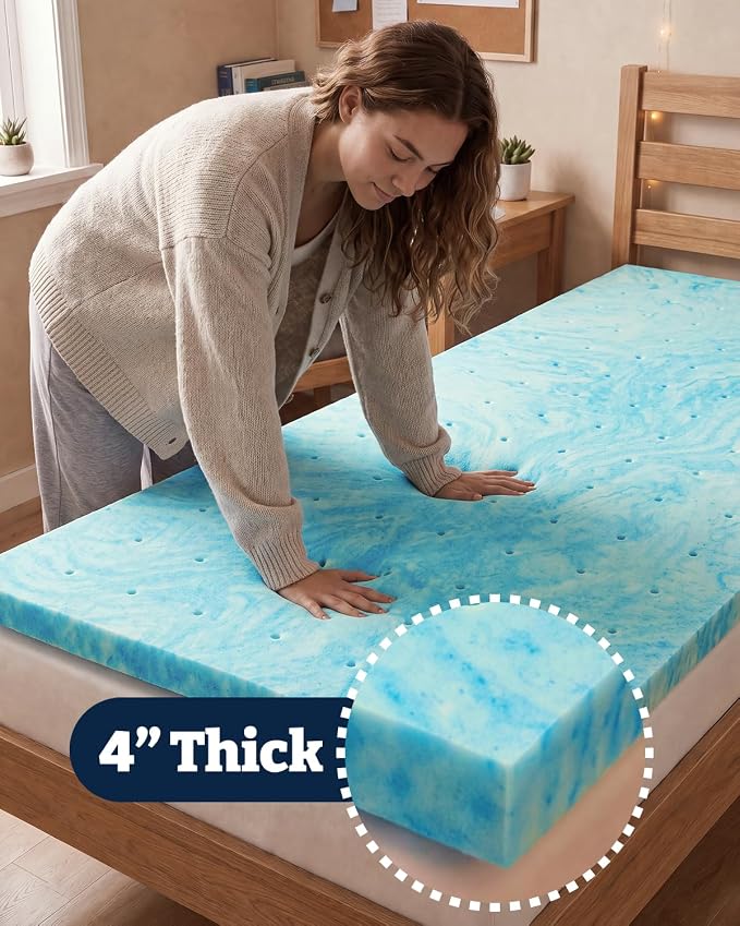 4 Inch Twin Memory Foam Mattress Topper - Cooling Gel Mattress Pad | Cooling Gel Infused Bed Topper, Soft Ventilated Mattress Pad for Pressure Relief & Pain-Free Sleep, CertiPUR-US & Oeko-TEX
