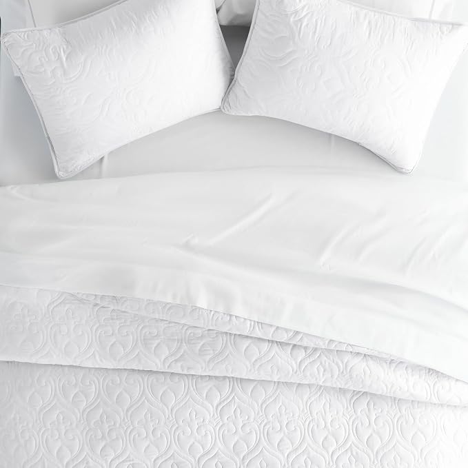 Merit Linens Classic Quilt Coverlet Soft Set in Damask Stitching - Full/Queen White