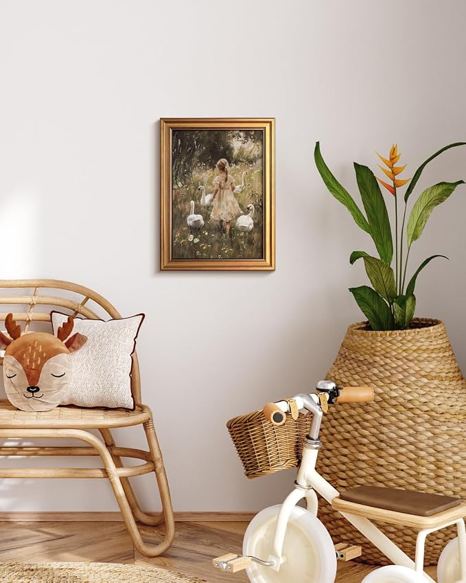 VIYYIEA Vintage Gold Framed Wall Art for Living Room, Gooses Girl Canvas Prints Home Decor, Oil Painting Picture, Bedroom Wall Decor Gifts for Friends or Family -【Graceful Companions】-(16L x 12W)