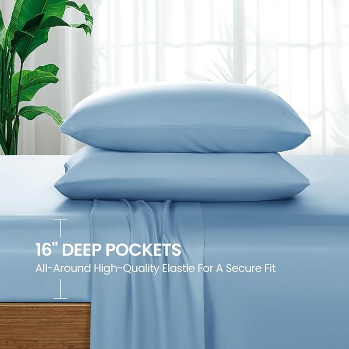 SONORO KATE 100% Viscose Derived from Bamboo_Sheets Full Size,4PC | Cooling Bed Sheets for Hot Sleepers,Soft Breathable & Silky,16" Deep Pocket,Luxury Hotel Bedding,Teal Blue