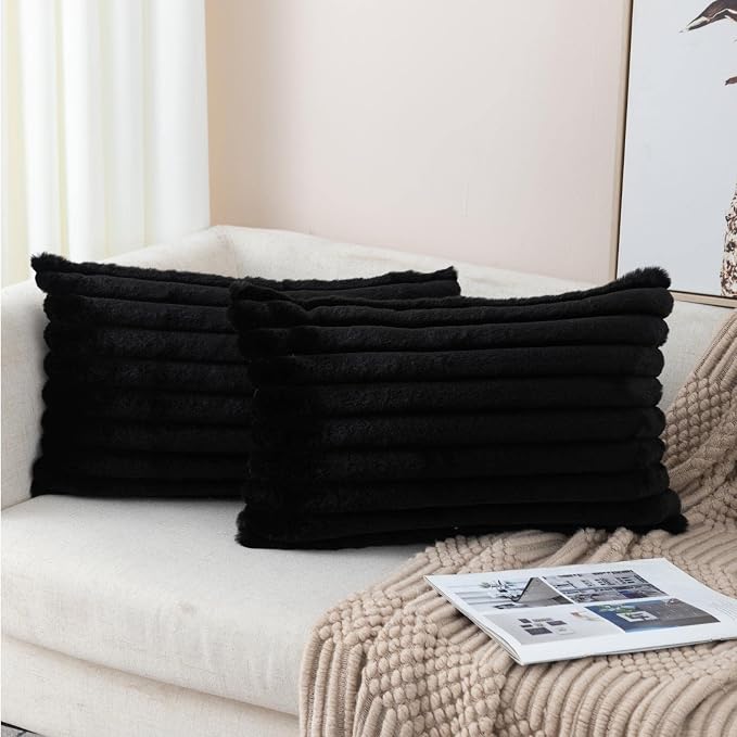 ZLINA Black Striped Faux Fur Throw Pillow Covers 12 x 20 Inch | 2‑Pack, boho striped pillow covers,velvet back,fuzzy plush cushion covers , for sofa bed livingroom home decor
