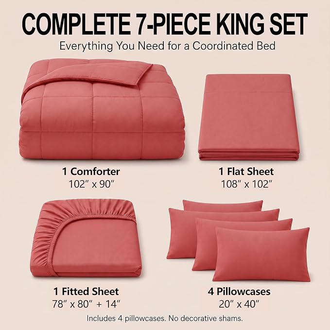 King Size Comforter Set Coral - 7 Pieces Bed in a Bag | OEKO-TEX Certified, All-Season, Bedroom, Guest Room, Down-Alternative Comforter + Flat & Fitted Sheets + 4 Pillowcases