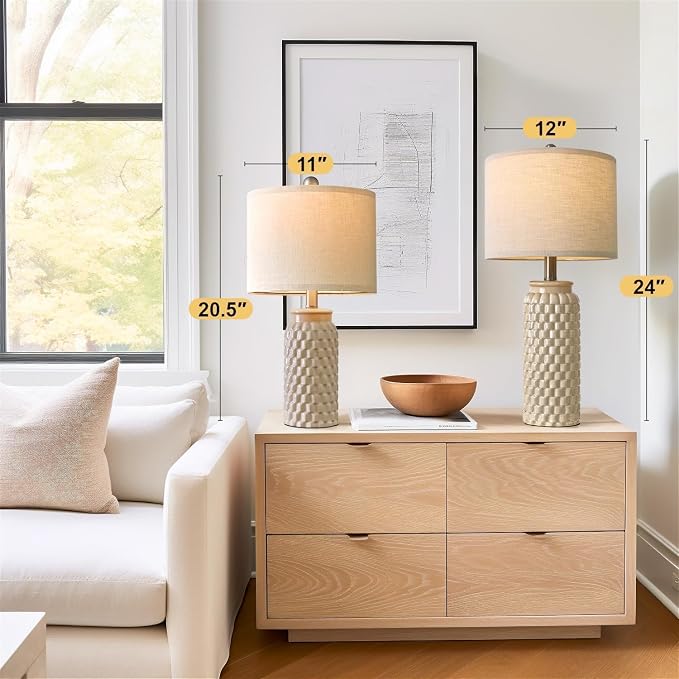 USumkky 24" Modern Ceramic Bedside Lamp Set of 2 for Bedroom Decor Farmhouse Table Lamp for Living Room Office Dorm Cream