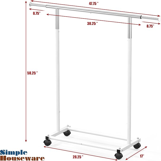 Simple Houseware Standard Rod Garment Clothing Rack, White | Single Rail, Extendable Width from 30 to 47 Inches, Rolling Clothing Organizer for Bedroom, Laundry, Living Room