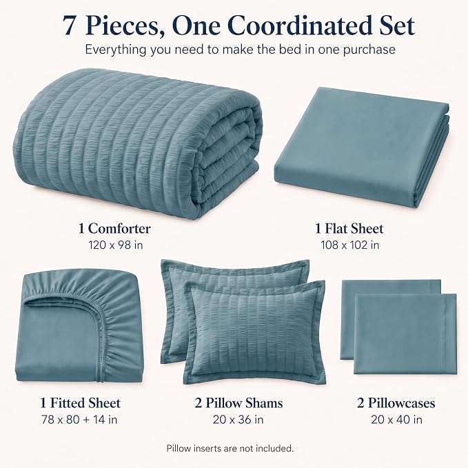 Oversized King Seersucker Comforter Set, Mineral Blue, 120 x 98 in | OEKO-TEX Certified, 7 Pieces Bed in a Bag with 240 GSM Down Alternative Comforter, Flat & Fitted Sheets, Pillowcases & Shams