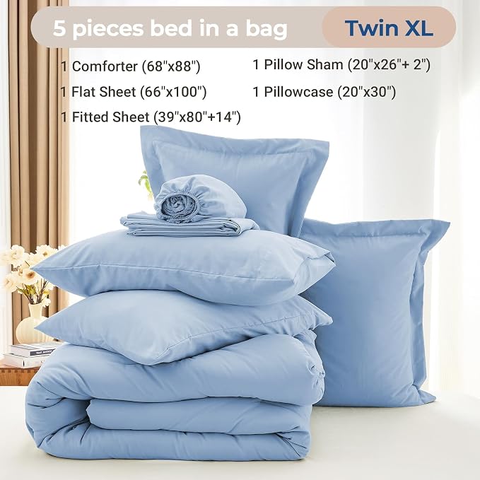 5 Pieces Twin XL Comforter Set, Soft Bed in a Bag Twin XL Size, All Season Bedding Set with Comforter, Flat Sheet, Fitted Sheet, Pillowcases & Shams, Greyish Blue