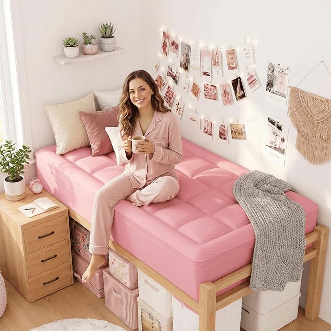 ELEMUSE Twin XL College Girls Dorm 3 Inch Memory Foam Mattress Topper | Pink Dual Layer Design, 2 Inch Cooling Gel Foam and 1 Inch Soft Pillow Top Bed Pad, Comfortable Support