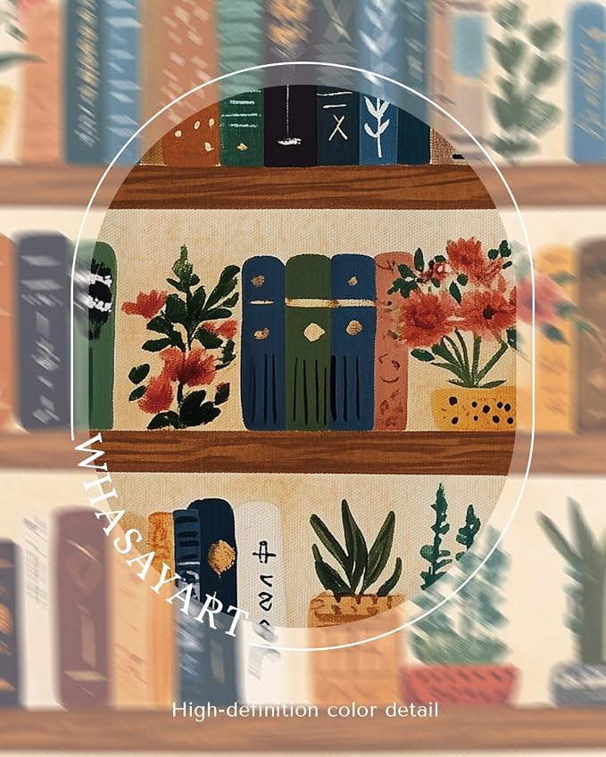 WHASAYART Vintage Botanical Book Shelf Framed Canvas Wall Art, 16x24 inch | Colorful Plants Books Painting, Retro Library Reading Gift, Modern Home Décor for Living Room Study Office