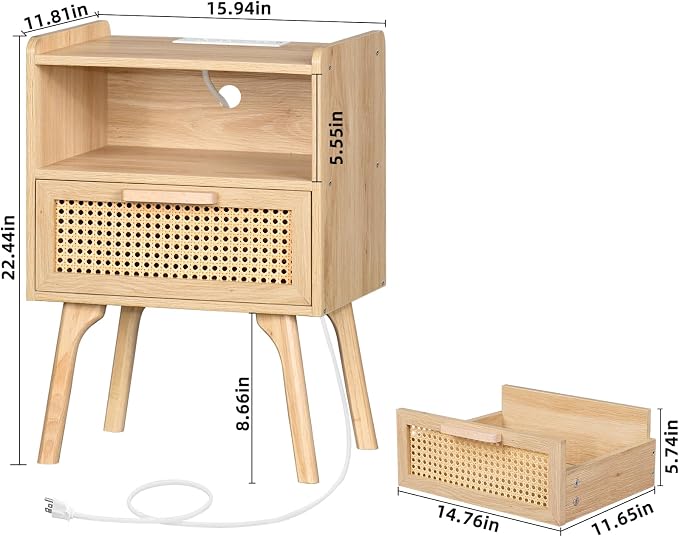 Lerliuo Rattan Nightstands Set of 2 with Charging Station, Boho Night Stand | Handmade Natural Rattan Drawer and Open Shelf, Side End Tables with Solid Wood Legs for Bedroom, Dorm, Small Spaces