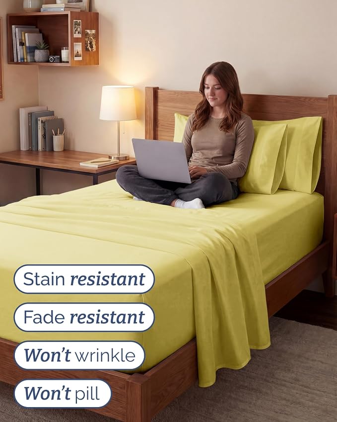 Extra Deep Twin XL Sheet Set - 4 Piece College Dorm Room - Yellow | College Dorm Room Essentials, Easy & Secure Fit, Ultra-Soft, Wrinkle & Fade Free, Comfy Sheets Set with Extra Deep Pockets