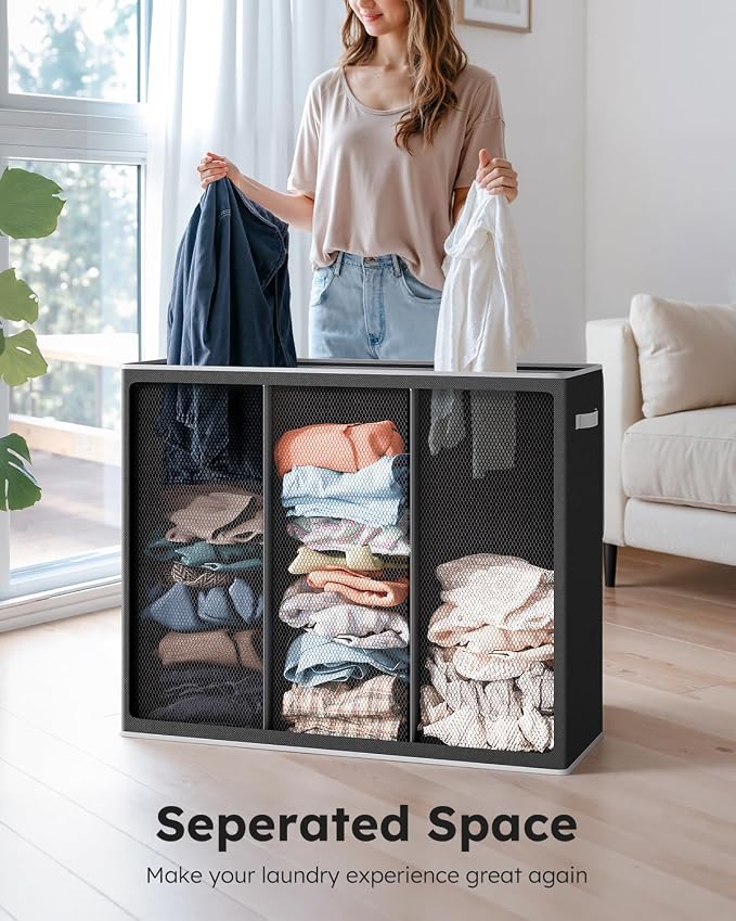 SOLEDI Large Laundry hamper 3 Section with Laundry Bag, XL Clothes Basket | 3-Section Large capacity Laundry Sorter with Odor-Blocking Lid, Robust Iron Frame & Waterproof 600D Fabric, 3 Washable Bags