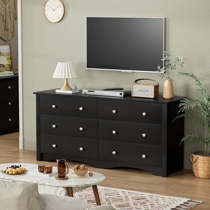 YESHOMY Black Dresser for Bedroom with 6 Drawer, 47.2" Organizer Drawers | Space Saving, Modern Design, Anti-Tip, TV Stand for Living Room, Hallway