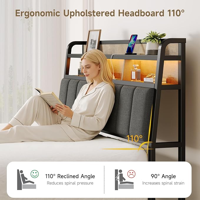 ComfyCorner Queen Size Headboard with Storage & LED Light, Black & Brown | Upholstered Ergonomic Head Board with Power Outlets & 2-Tier Storage, Queen Headboard Only, Bed Frame Mounting, Heavy Duty