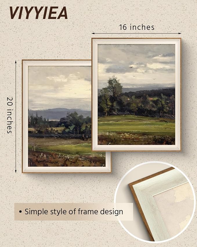 VIYYIEA Framed Vintage Landscape Wall Art Set of 2, Impressionist Pastoral Nature Canvas Painting Print, Rustic Country Cottagecore Home Decor for Living Room Bedroom, 16x20 Inch