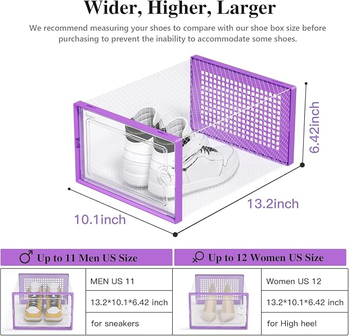 Kuject X-Large Shoe Storage Boxes 12 Pack, Clear Stackable Shoe Organizer | Shoe Case for Closet, Entryway & Under-Bed Storage, Drop-Front Design, Space-Saving Solution for Family Organization,Purple