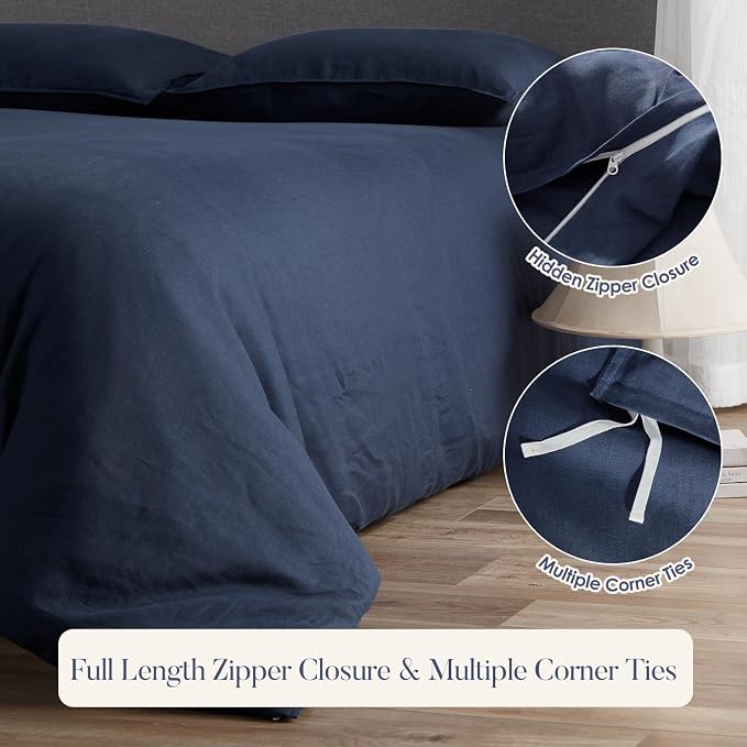DAPU 100% French Linen Duvet Cover 3Pcs Set, 170GSM Linen Bedding, Full/Queen