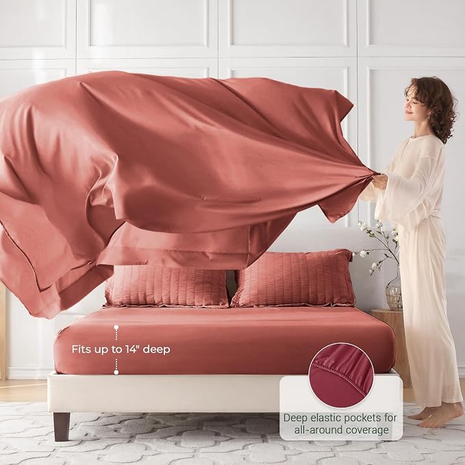 7 Pieces Full Comforter Set, Seersucker Bed in a Bag Full Size, All Season Luxury Bedding Set with Comforter, Flat Sheet, Fitted Sheet, Pillowcases & Shams, Coral