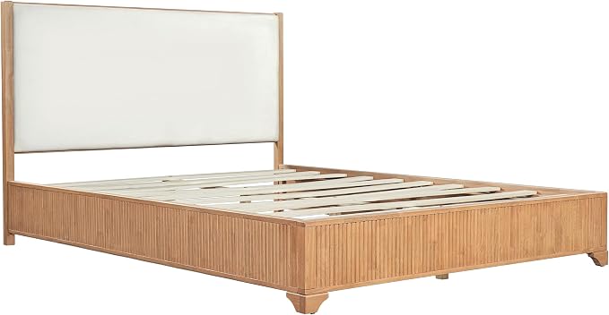 Christopher Knight Home Jill Modern Queen Bed Frame with Headboard, Bed Frame Queen with Upholstered Headboard, Wooden Queen Platform Bed Frame with Slat Supports, No Box Spring Needed, Natural+White