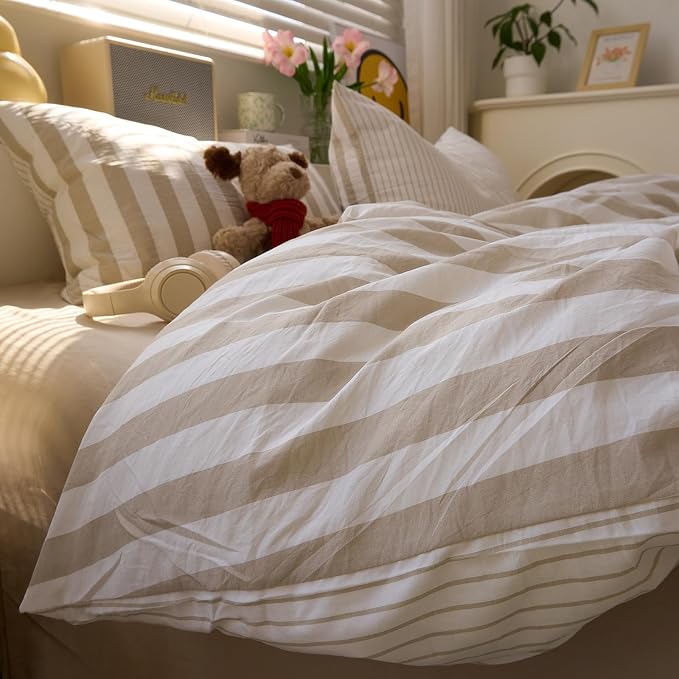 LifeTB Vintage Striped Comforter Set Twin XL, 3 Piece Brown White Stripes Pattern Printed Comforter with 2 Pillowcases, Soft Breathable Khaki Striped Bedding Comforter Farmhouse Twin XL Comforter Set