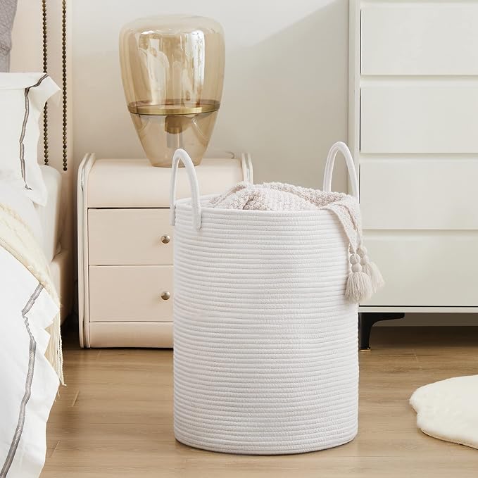 Woven Rope Laundry Hamper Basket by YOUDENOVA, 58L Tall Laundry Basket, Baby Nursery Hamper for Blanket Storage, Clothes Hamper for Laundry in Bedroom-Large-Pure White | Large Woven Laundry Hamper with Sturdy Handles, Collapsible Home Decor Laundry Bas...
